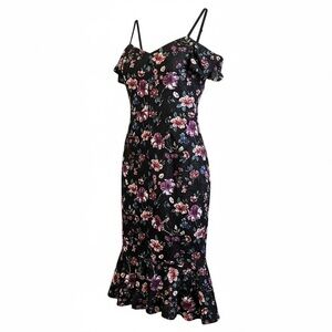 Siena Black Floral Lace Off Shoulder Flounce Hem Sheath Midi Off Shoulder Dress